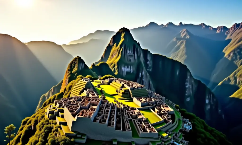 Os Sítios Mais Bonitos do Mundo: Fotos Vista aérea deslumbrante de Machu Picchu, Peru, sob a luz dourada do sol.