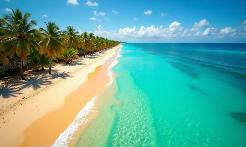 Vista aérea deslumbrante de uma praia baiana paradisíaca com águas cristalinas e areia dourada.