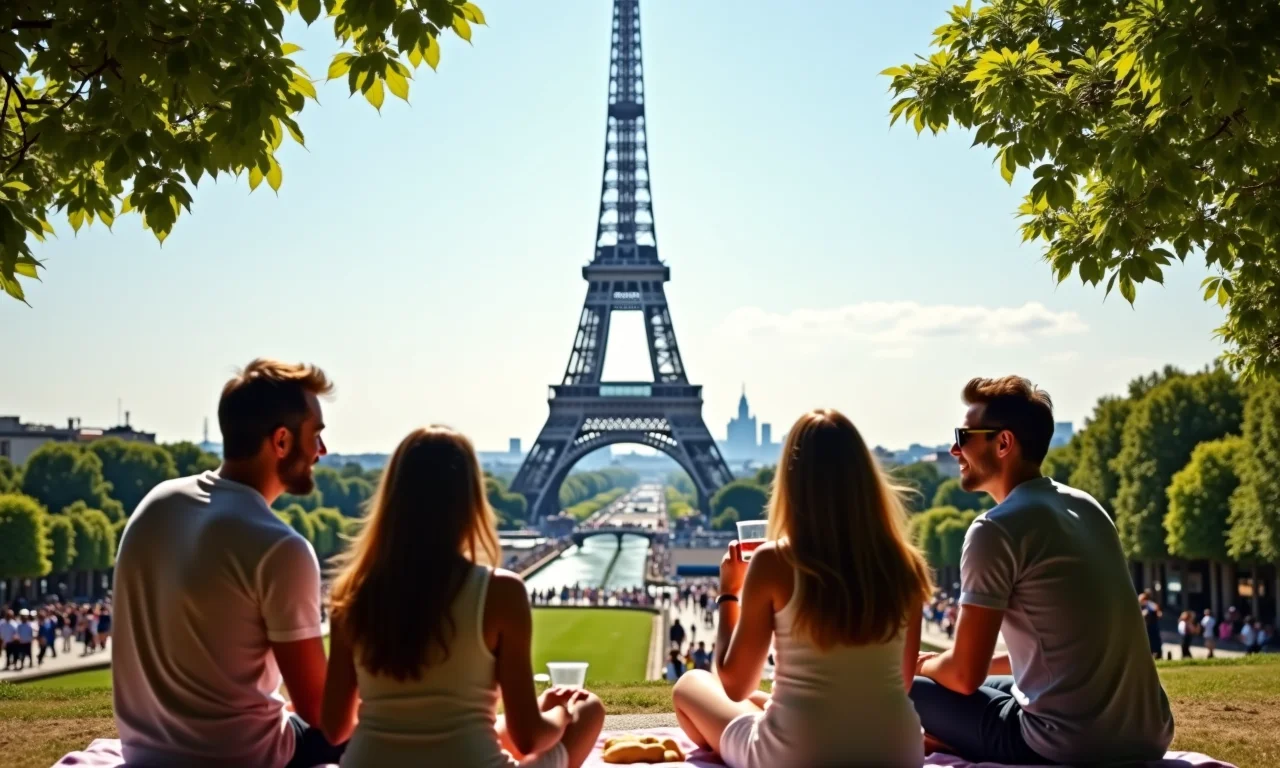 Vista da Torre Eiffel a partir do Champ de Mars com pessoas aproveitando um piquenique.