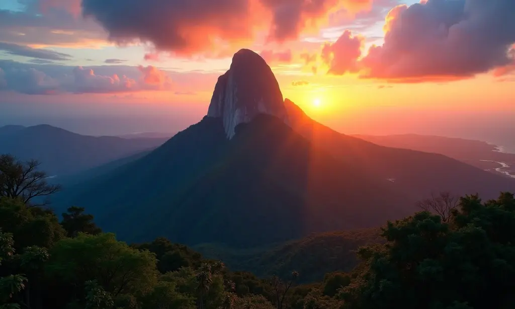 Pedra Azul ES: Belezas do Espírito Santo Vista deslumbrante da Pedra Azul ao pôr do sol, Espírito Santo.