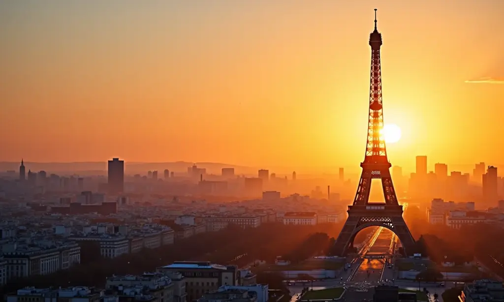 Paris Turismo: Fotos da Cidade Luz Vista deslumbrante da Torre Eiffel ao pôr do sol em Paris.