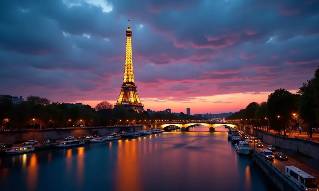 Vista deslumbrante da Torre Eiffel iluminada ao crepúsculo, refletida no rio Sena.