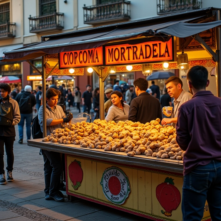 Vista geral das barracas do Mercadão, com destaque para os letreiros de 'Pão com Mortadela'.