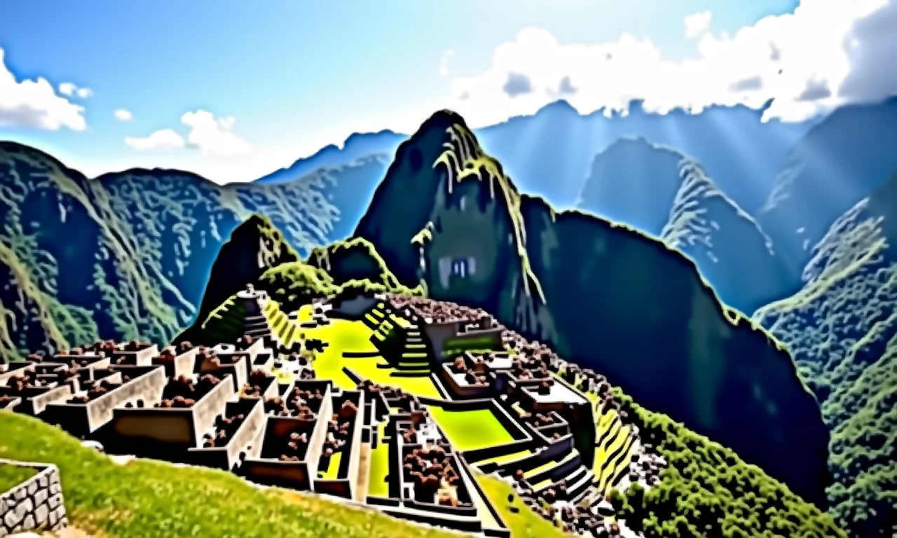 Vista panorâmica de Machu Picchu, paisagem cênica, beleza natural, céu claro.