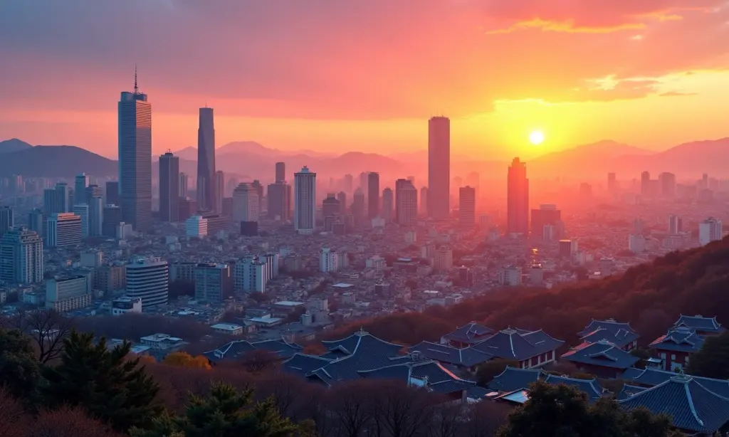 Vista panorâmica de Seul ao pôr do sol, com arquitetura tradicional e arranha-céus modernos.