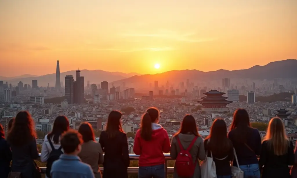Vista panorâmica de Seul ao pôr do sol, mostrando a mistura de modernidade e tradição.