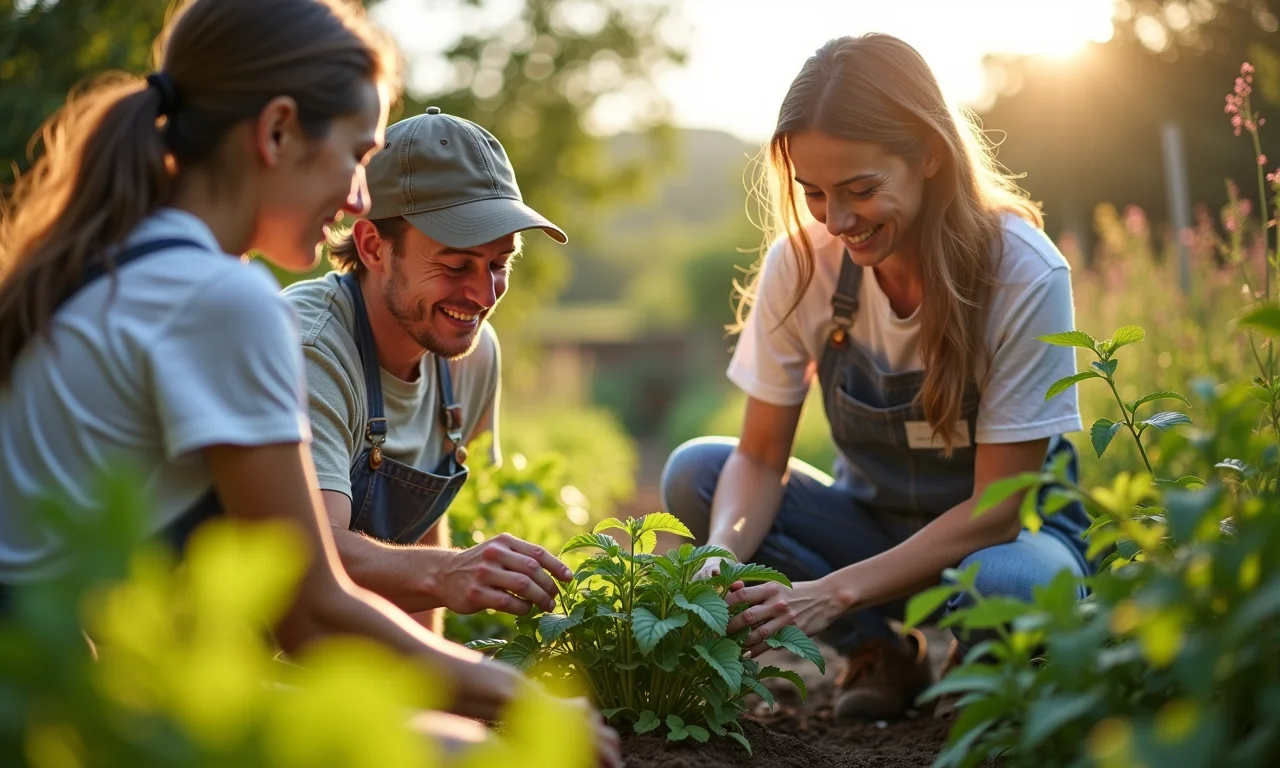 Voluntária ensinando jardinagem sustentável em uma horta comunitária, inspirando projetos de sucesso nas escolas.