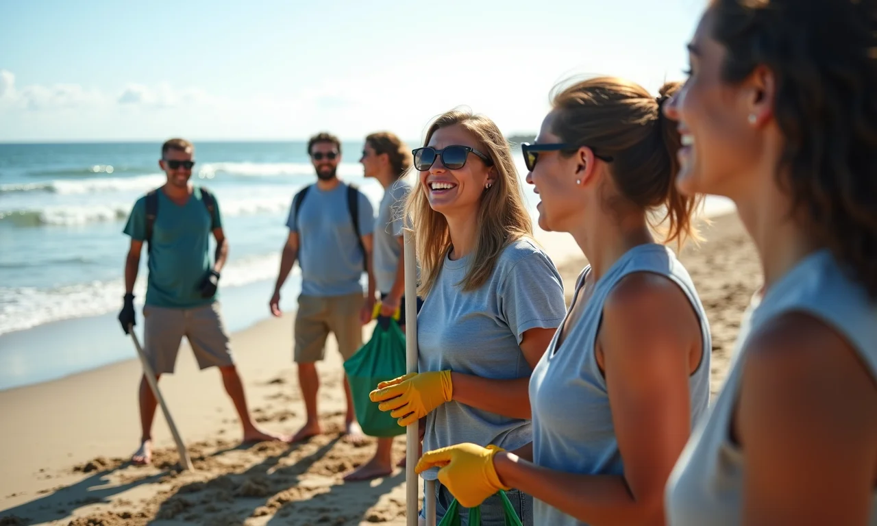 Voluntários adultos limpando praia local em ação de sustentabilidade.