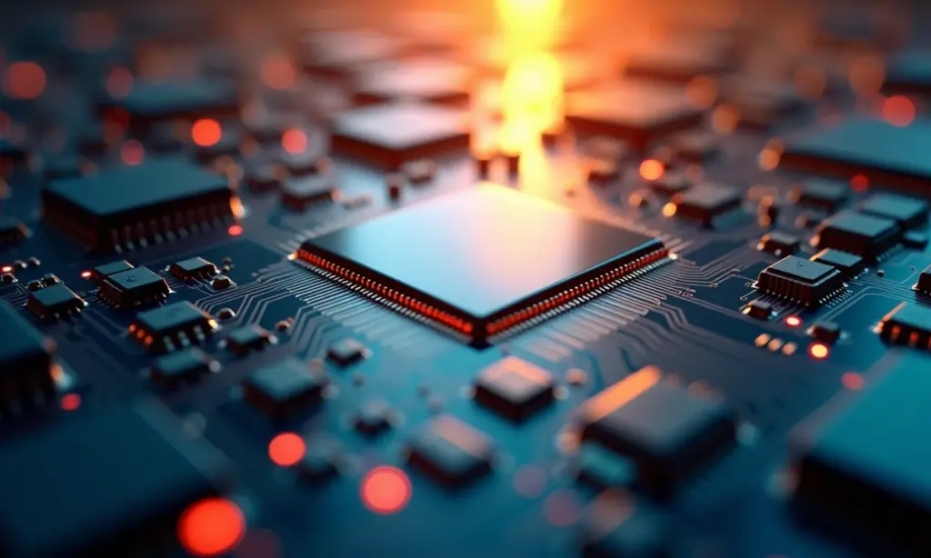 Wafer de silício com circuitos complexos, representando a tecnologia de semicondutores.