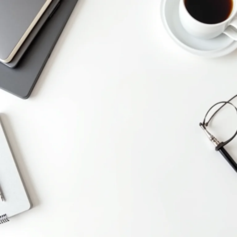 Acessórios de trabalho elegantes dispostos em uma mesa branca
