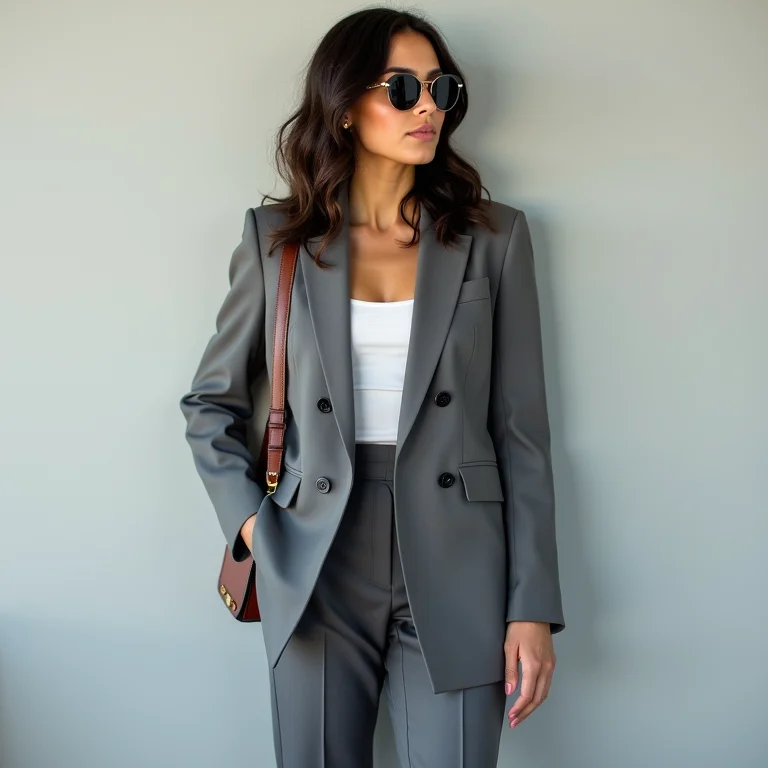 Acessórios para alfaiataria cinza: bolsa tiracolo e óculos