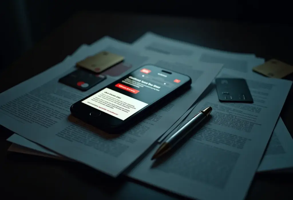 Site falso: 5 sinais de alerta que você precisa conhecer Alerta de site falso: smartphone com design suspeito cercado de documentos