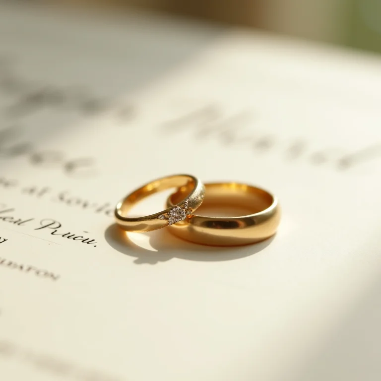 Alianças de casamento entrelaçadas sobre certidão de casamento.