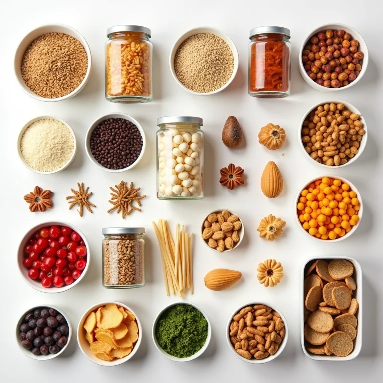 Alimentos agrupados por tipo em potes organizadores na despensa.