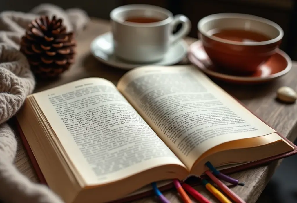 Resenha Descritiva: O Guia Completo Para Analisar Textos Ambiente de estudo aconchegante com livro aberto e marca-páginas coloridos.