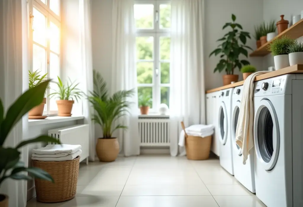 Área de serviço organizada com produtos de limpeza e plantas