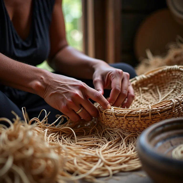 Artesãos Pemón tecendo cestos tradicionais em Canaima, Venezuela