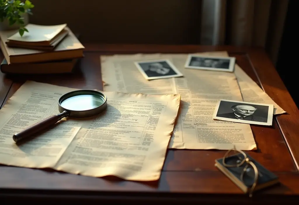 Árvore genealógica e documentos antigos sobre mesa de madeira