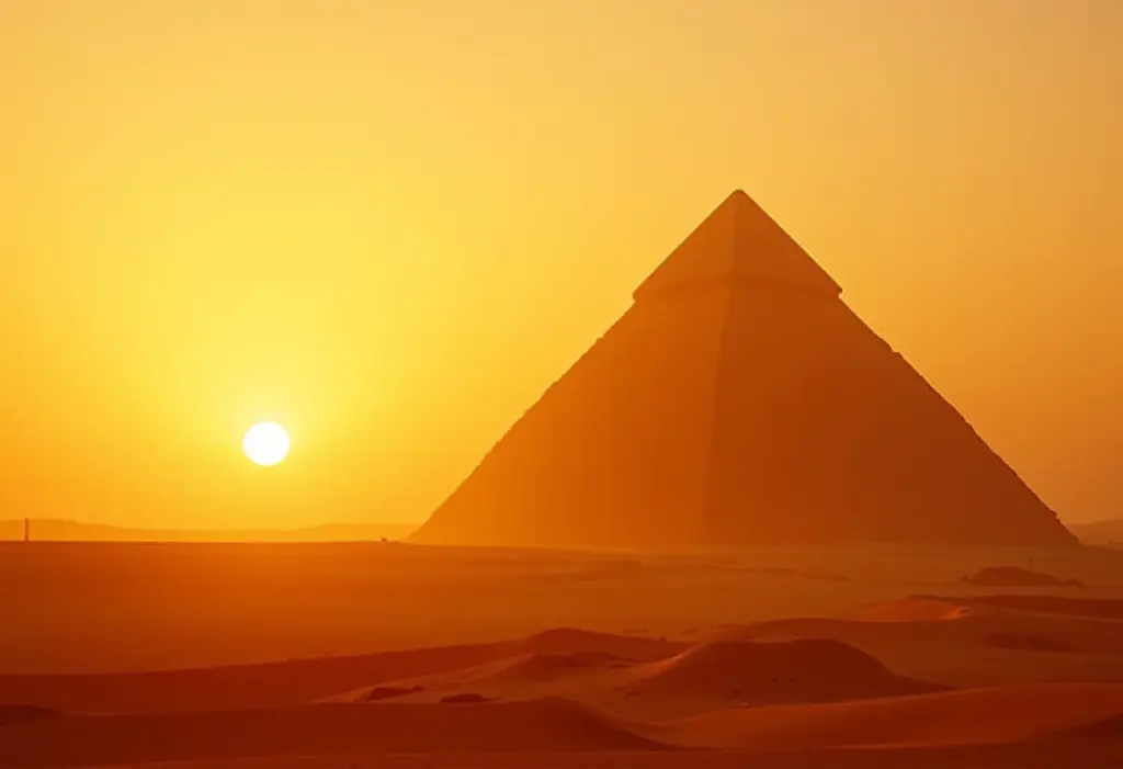 As Pirâmides de Gizé iluminadas pelo sol poente no Egito