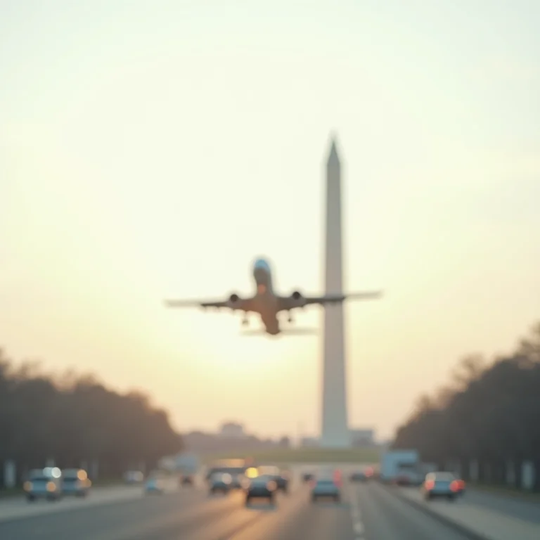 Avião pousando no Aeroporto Nacional Ronald Reagan, com o Monumento de Washington ao fundo