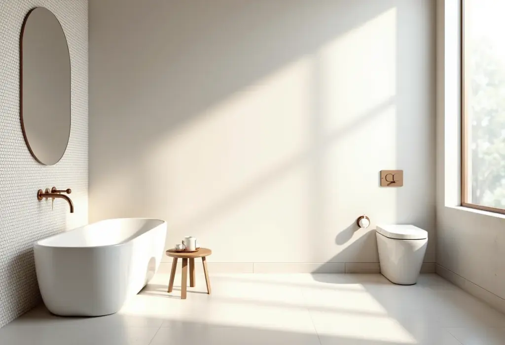 Banheiro moderno com pastilhas em tons neutros e iluminação suave.