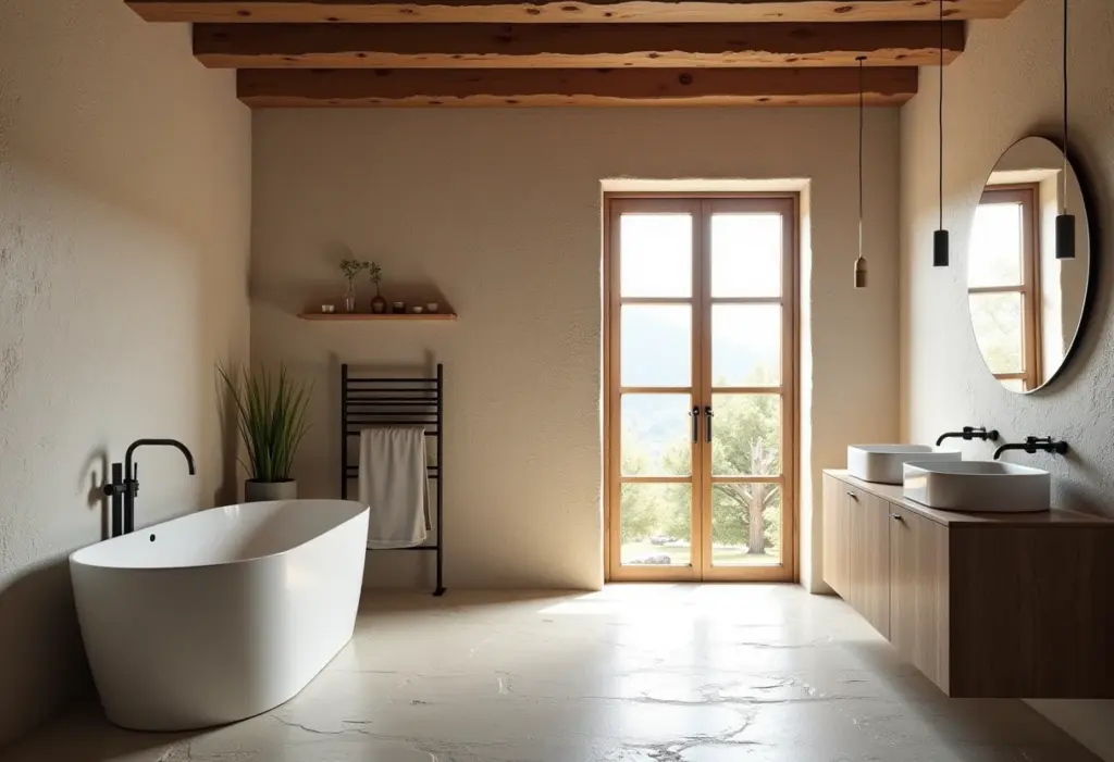 Banheiro rústico com banheira e detalhes em madeira.