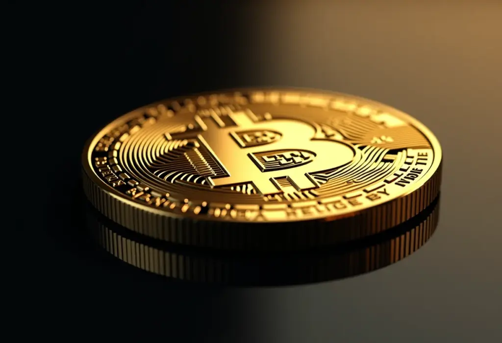 Bitcoin dourado rachado sobre superfície escura