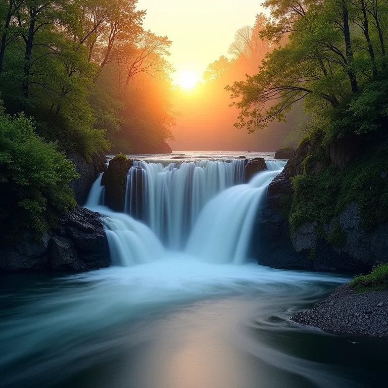 Cachoeira com rio e árvores ao pôr do sol