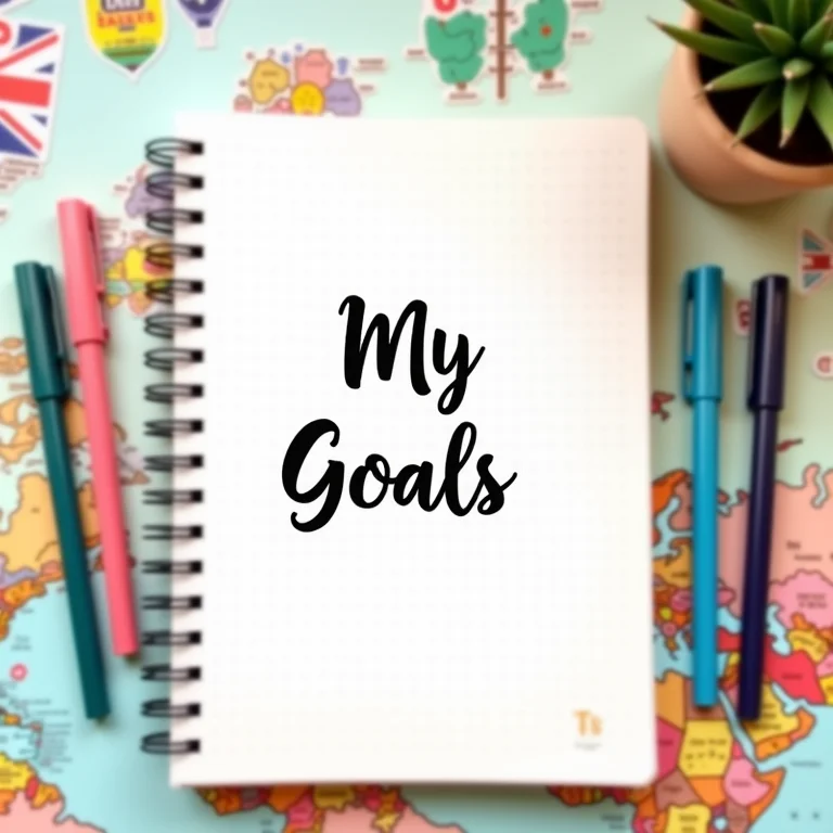 Caderno aberto com a frase 'Meus Objetivos' cercado por canetas coloridas e mapa mundi