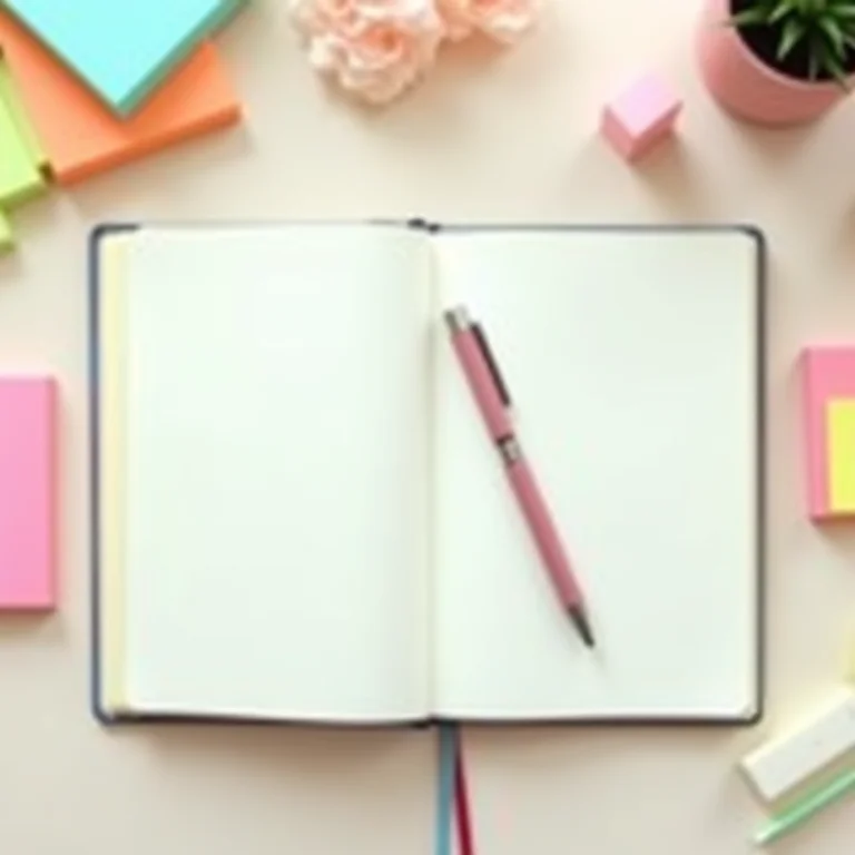 Caderno aberto com caneta, post-its e marca-textos.