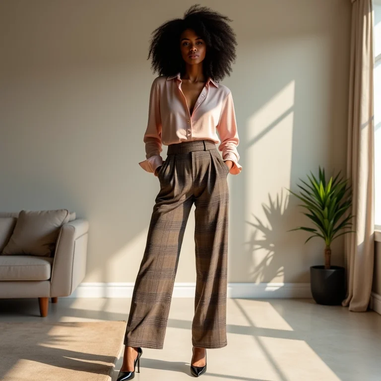 Calça xadrez com camisa de seda e salto alto.