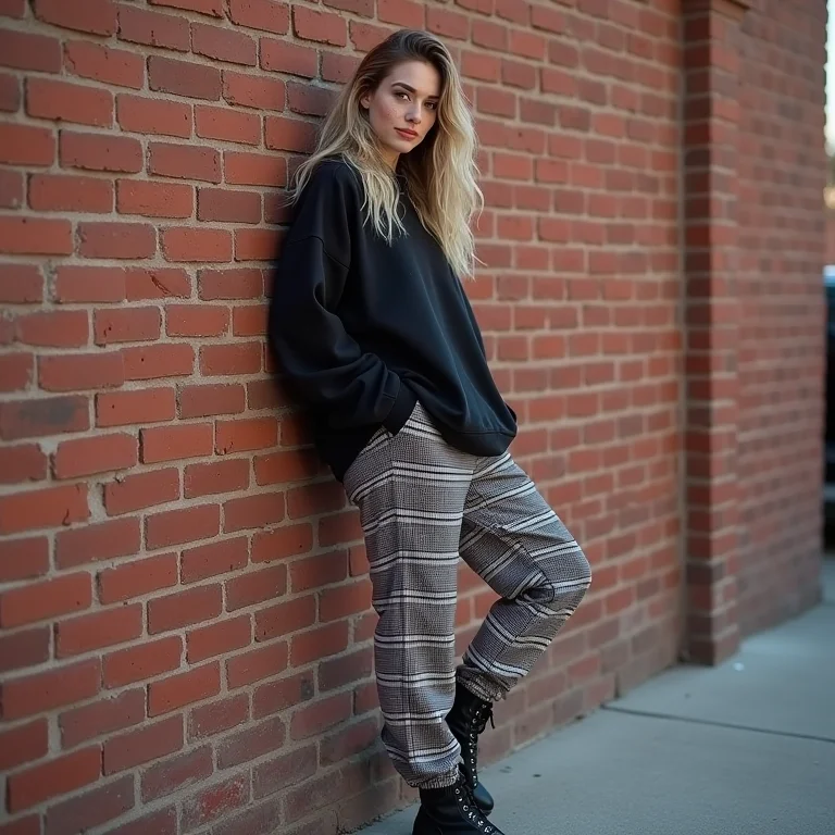 Calça xadrez com moletom e bota.