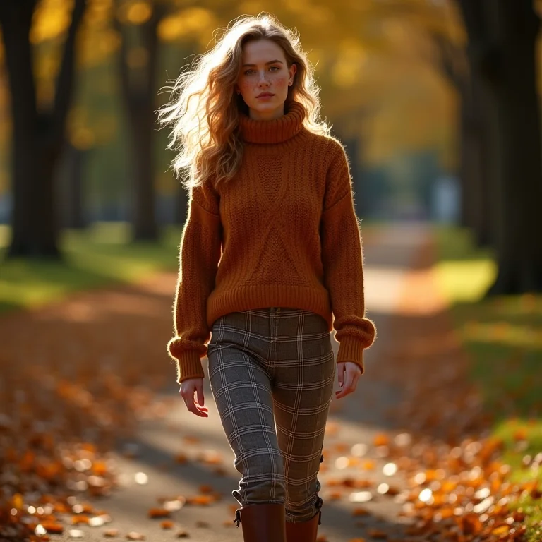 Calça xadrez com tricô e bota de cano alto.