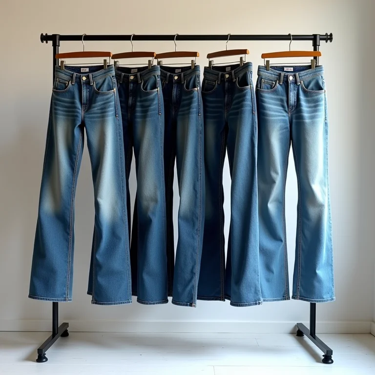 Calças jeans de corte reto e bootcut em um cabideiro.