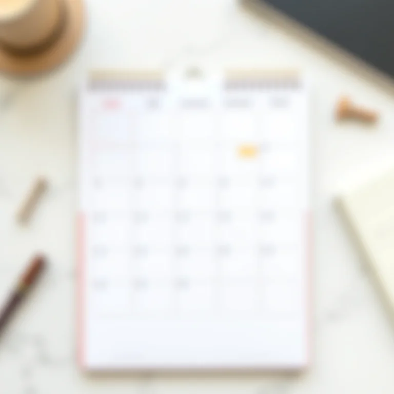 Calendário com datas marcadas, lista de tarefas e caderno sobre mesa de mármore