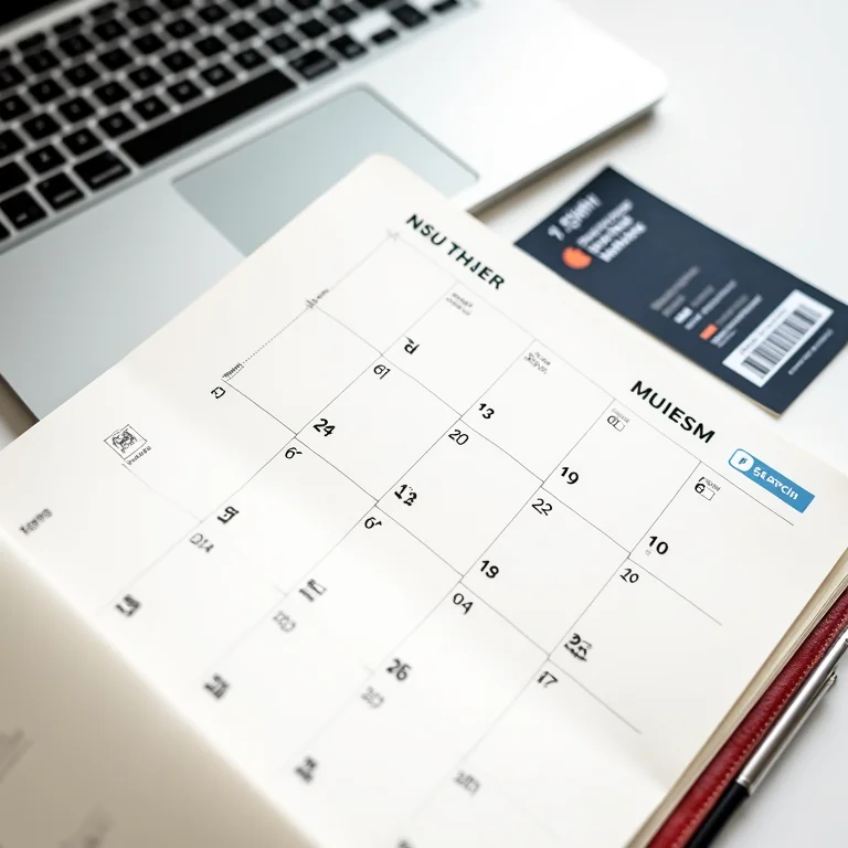 Calendário com datas marcadas, passagem aérea e laptop com resultados de busca de voos
