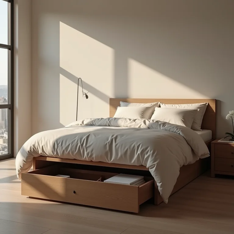 Cama com gavetas de armazenamento.