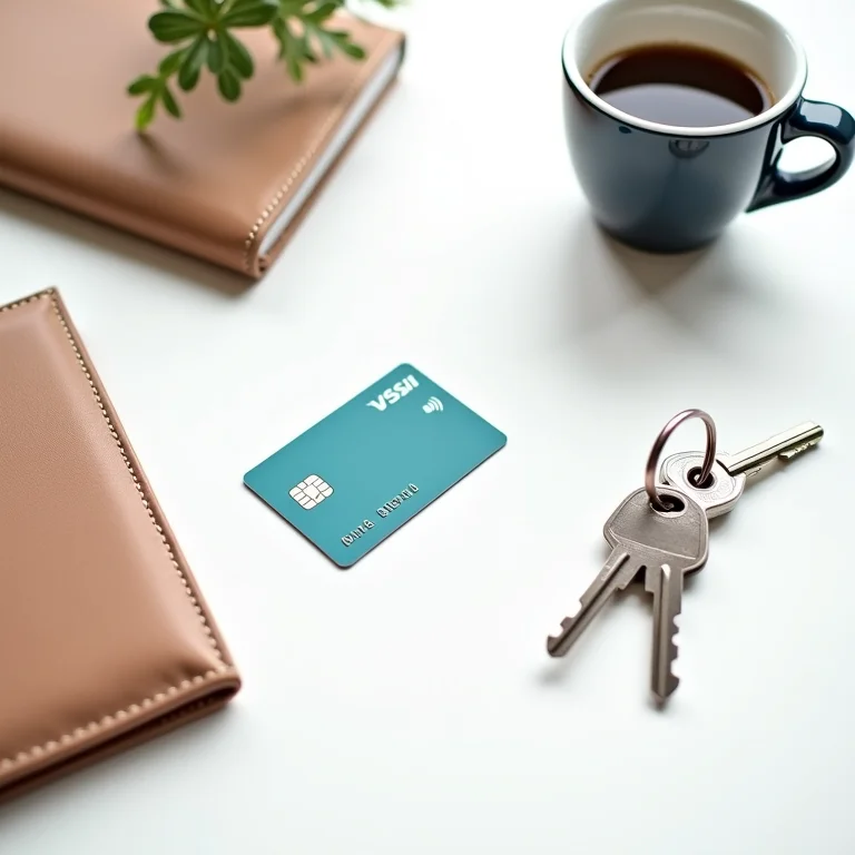 Cartão de débito em um cenário minimalista com acessórios do dia a dia