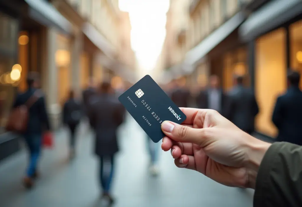 Cartão de débito sendo usado em uma cidade movimentada