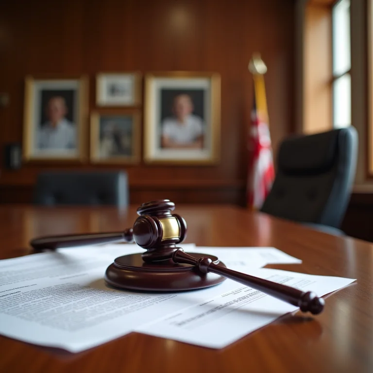 Cena de um tribunal com martelo de juiz e documentos legais, representando a decisão judicial sobre a pensão alimentícia na multiparentalidade