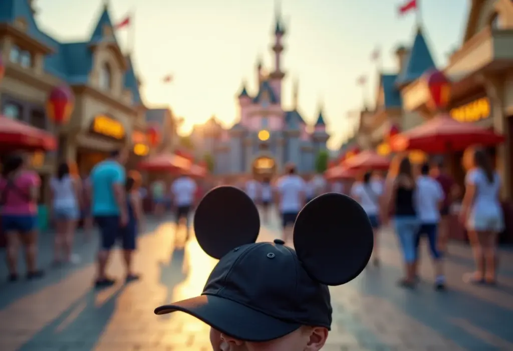 Turismo em Orlando: 5 erros que você não pode cometer Chapéu de Mickey Mouse em frente à entrada de parque temático, representando planejamento de viagem.