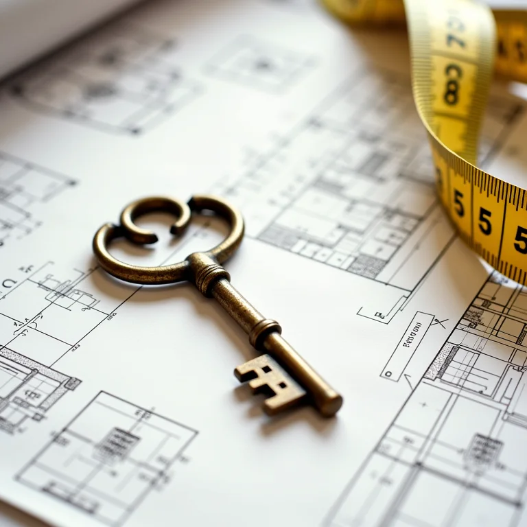 Chave antiga sobre documentos legais e plantas arquitetônicas