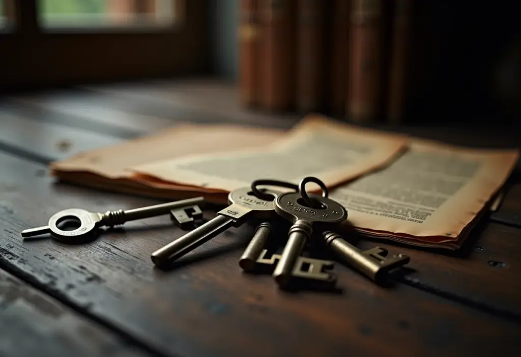 Chaves antigas e documentos em mesa de madeira escura simbolizando inventário