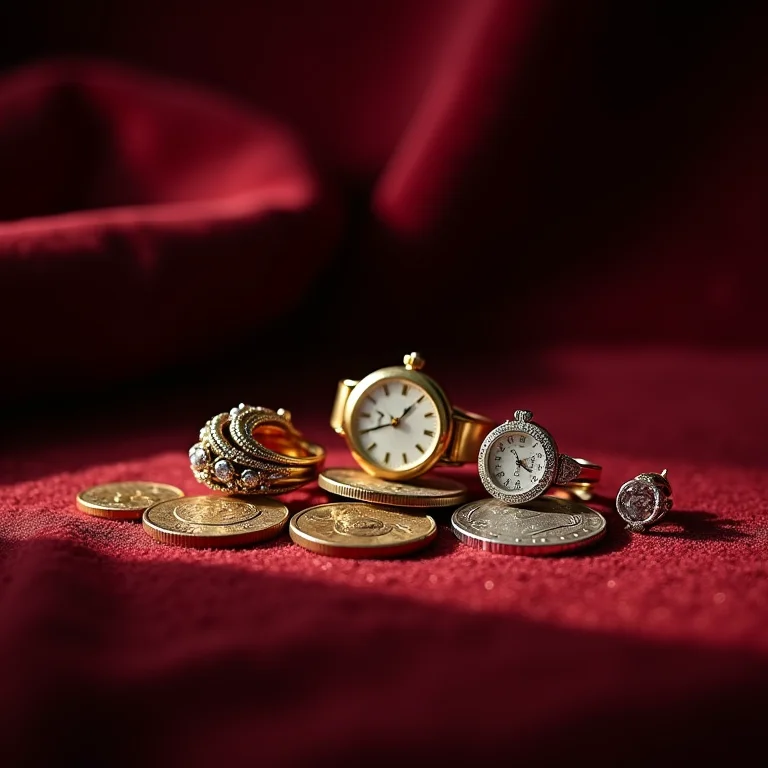 Coleção de pequenos objetos valiosos sobre veludo