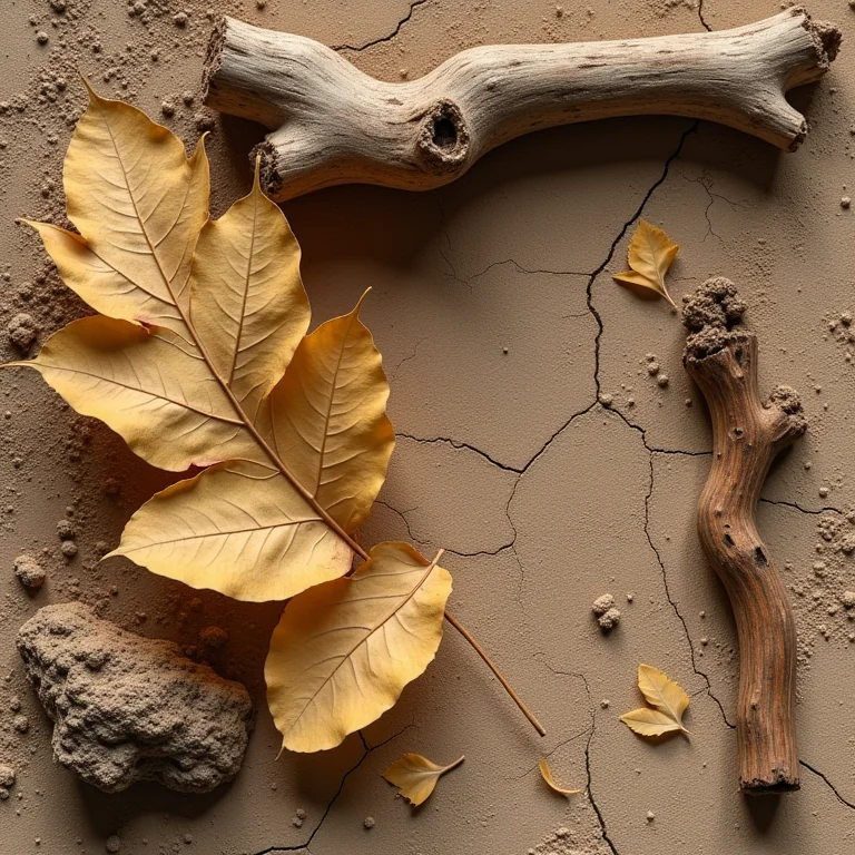 Composição artística com elementos da Caatinga: folhas secas, terra rachada e madeira desgastada.