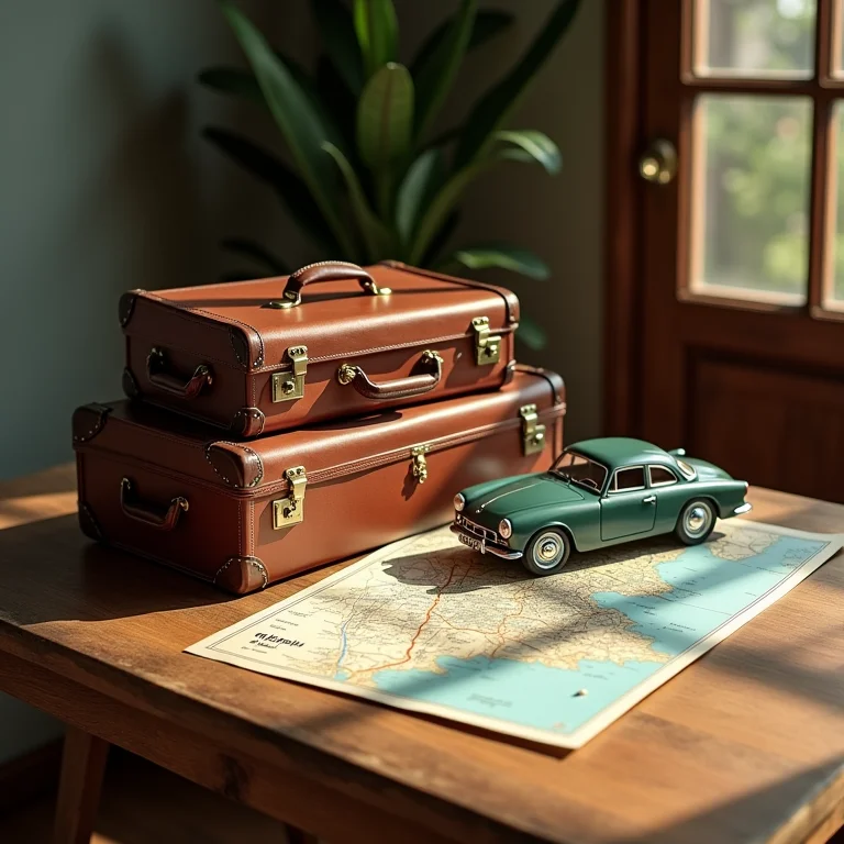 Composição com malas vintage e mapa de Petrópolis