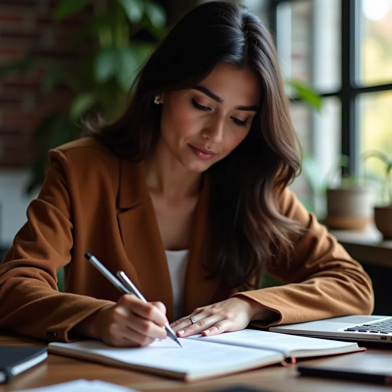 Consultora latina criando orçamento detalhado.