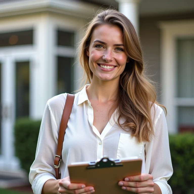 Corretora sorrindo em frente a um imóvel