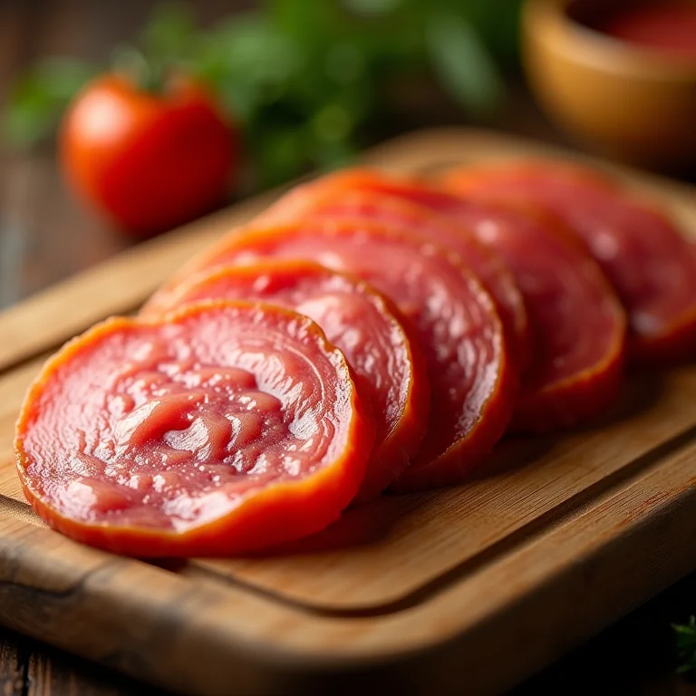 Cortes de mortadela em uma tábua de madeira.