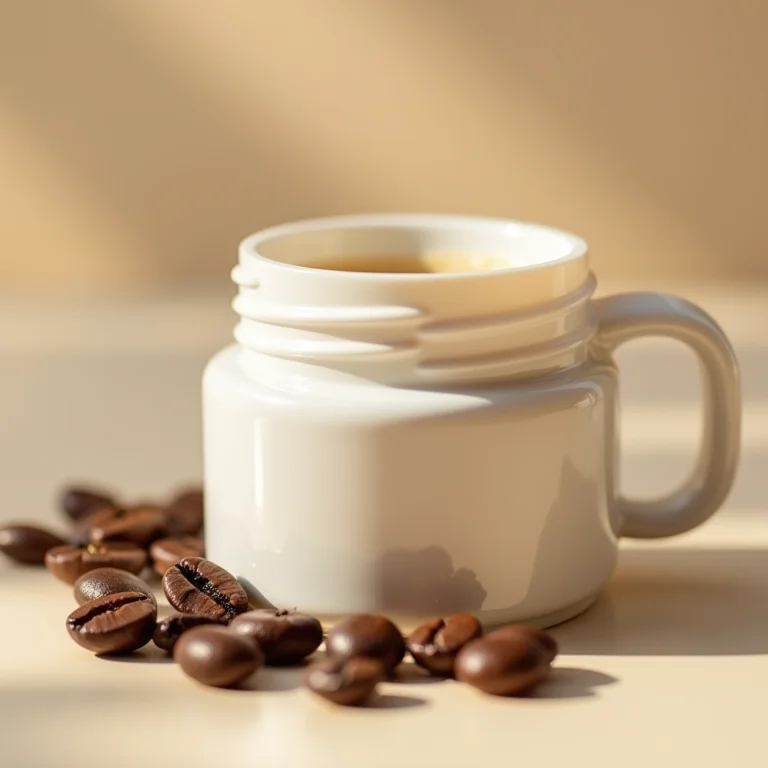 Creme para os olhos com cafeína, grãos de café e xícara de café.